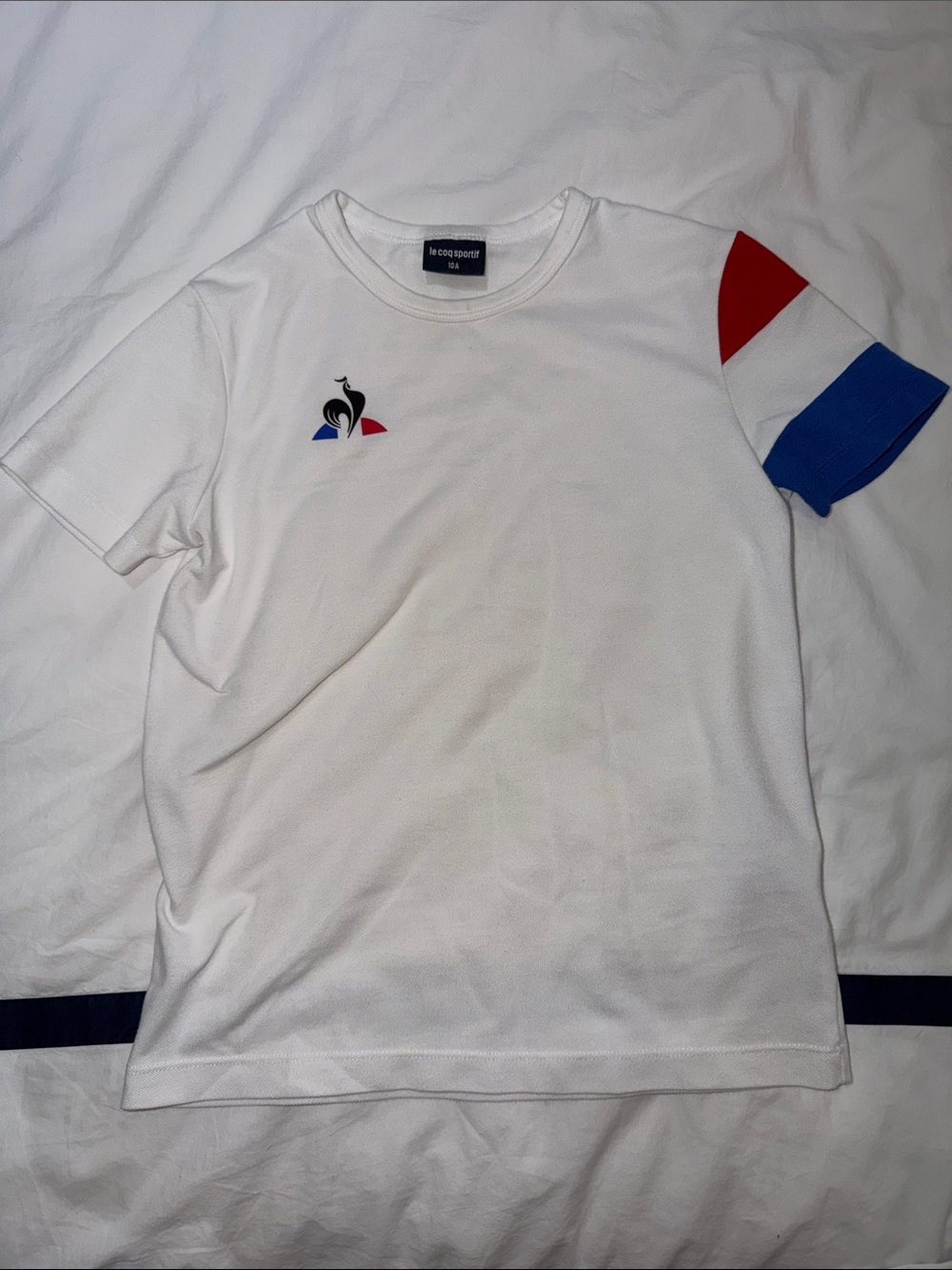Le Coq Sportif White Tee with Red & Blue Sleeve Panels